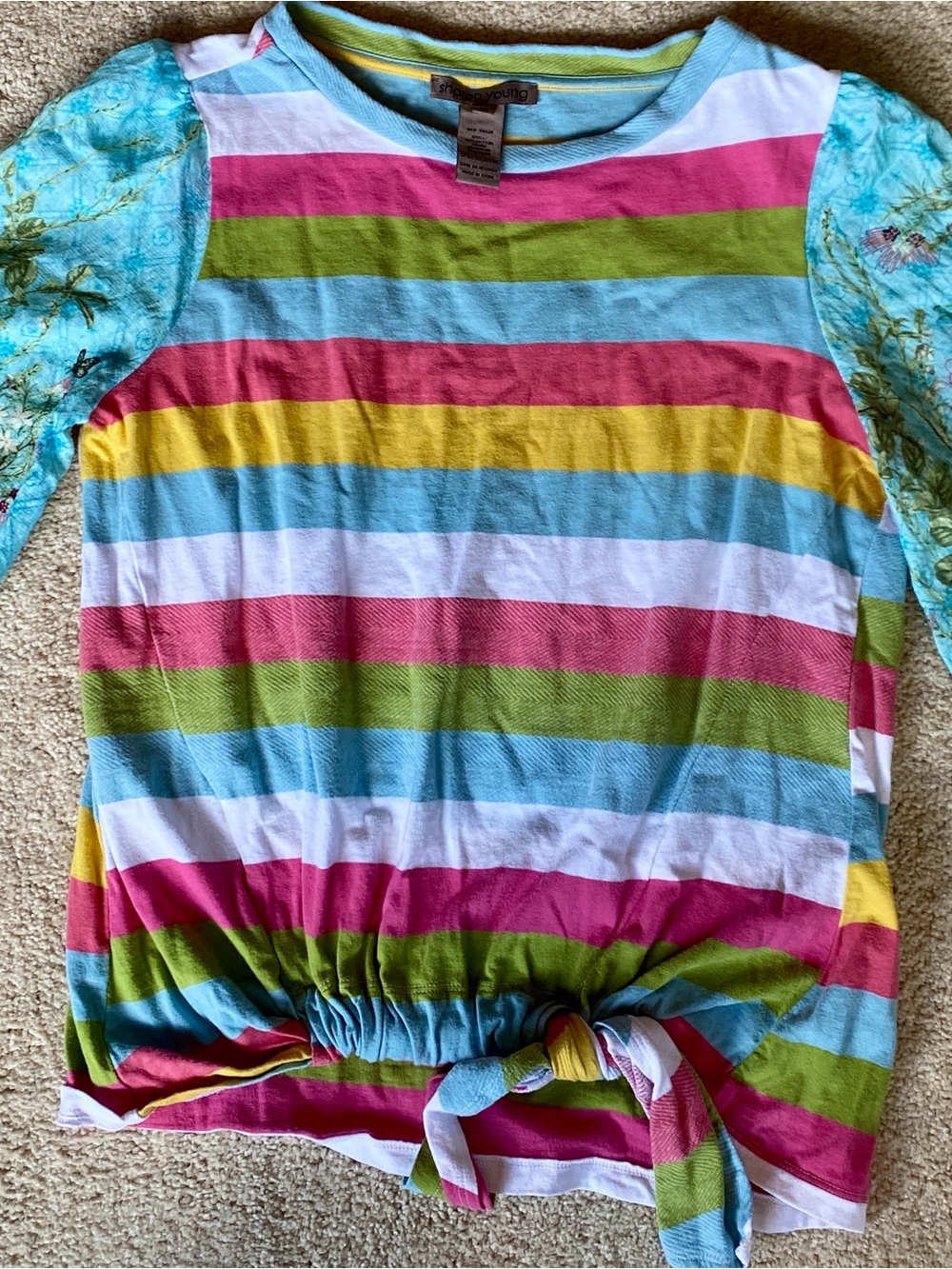 Sharon Young Multicolor Striped Long Sleeve Tee with Tie Front